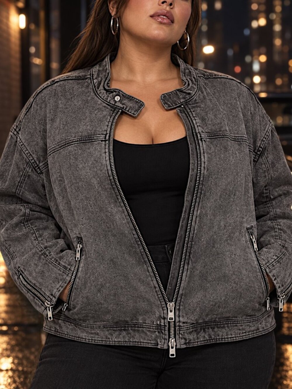 Good American Boyfriend Moto Jacket Size 6 / 3XL Black Stone Wash Heavy NWT